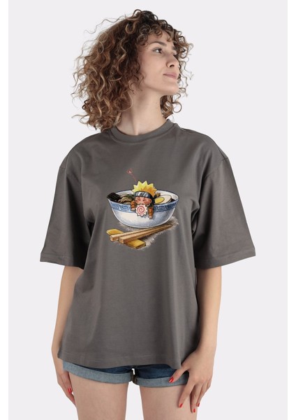 Füme Pamuk Bisiklet Yaka Oversize T-Shirt Naruto Love Ramen