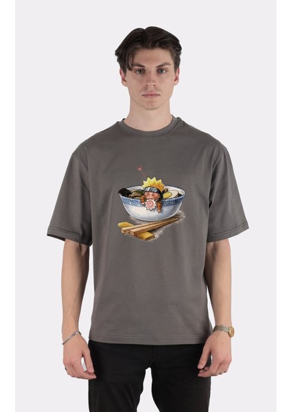 Füme Pamuk Bisiklet Yaka Oversize T-Shirt Naruto Love Ramen