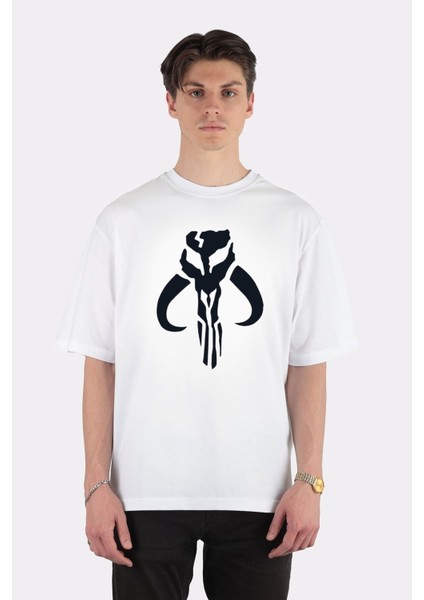 Beyaz Oversize T-Shirt Mandalorian Symbol