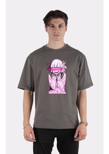 Füme Pamuk Bisiklet Yaka Oversize T-Shirt Anime Senpai