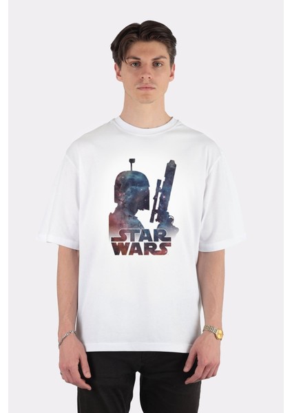 Beyaz Oversize T-Shirt Boba Fett Galaxy