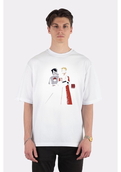 Beyaz Oversize T-Shirt Naruto And Sasuke Great1