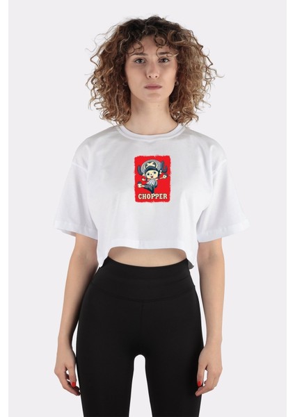Beyaz Pamuk Bisiklet Yaka Crop T-Shirt One Piece Anime - Chopper
