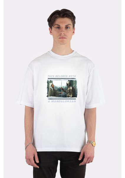 Beyaz Oversize T-Shirt Star Wars Mandalorian Beskar's Rightful Owner