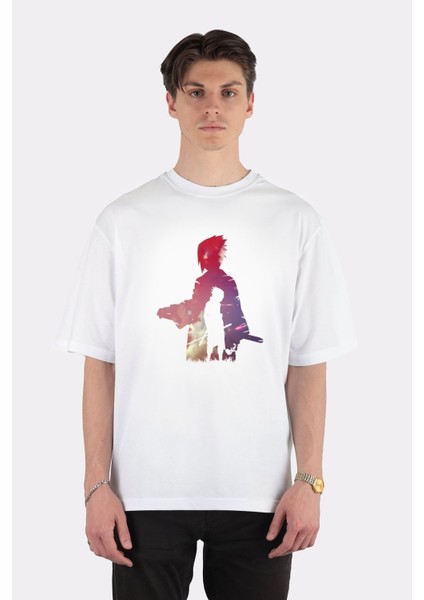 Beyaz Oversize T-Shirt Sasuke Sunset