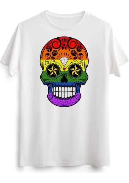 Erkek Beyaz Gay Pride Rainbow Flag Sugar Skull