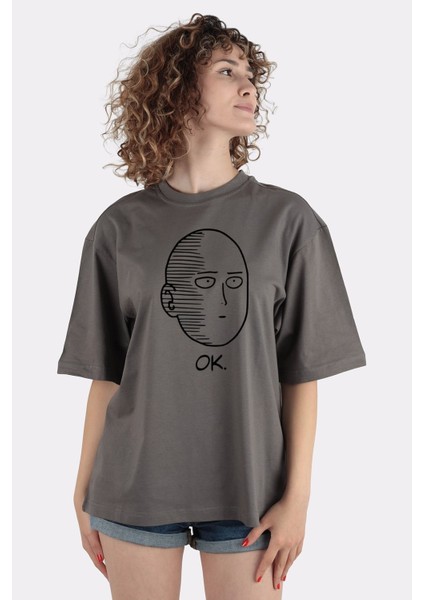 Füme Pamuk Bisiklet Yaka Oversize T-Shirt One Punch Man Ok Face