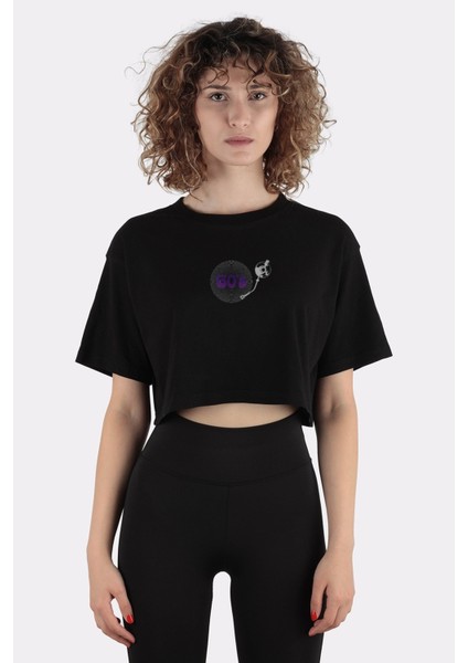 Siyah Pamuk Bisiklet Yaka Crop T-Shirt 60's MUSIC_EM1006