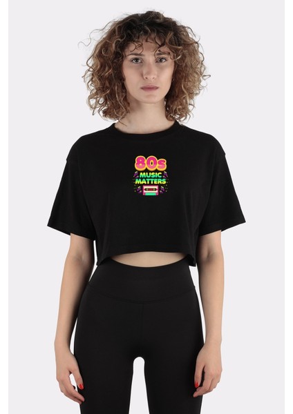 Siyah Pamuk Bisiklet Yaka Crop T-Shirt 80S Music Matters 80S Style Retro Vintage COLORS_EM1009