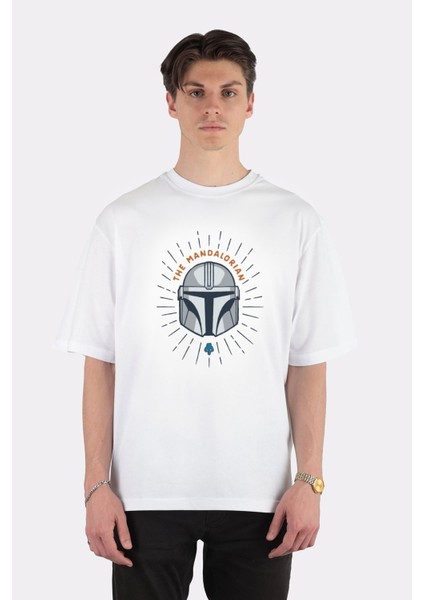 Beyaz Oversize T-Shirt Mandalorian Cartoon Helmet