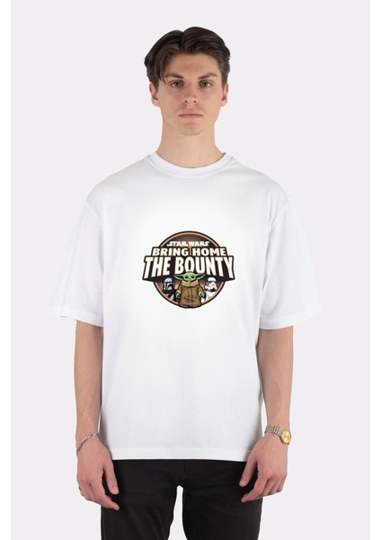 Beyaz Oversize T-Shirt Bring Home The Bounty Grogu Logo