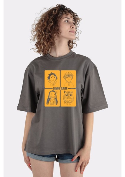 Füme Pamuk Bisiklet Yaka Oversize T-Shirt Demon Slayer Corps