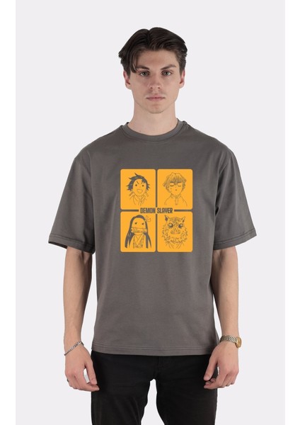 Füme Pamuk Bisiklet Yaka Oversize T-Shirt Demon Slayer Corps
