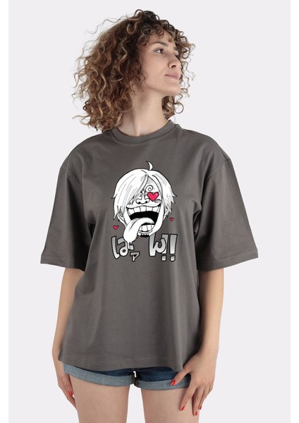 Füme Pamuk Bisiklet Yaka Oversize T-Shirt In Love