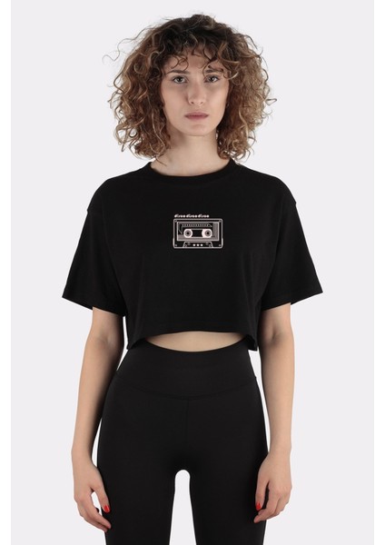 Siyah Pamuk Bisiklet Yaka Crop T-Shirt Black And White Disco Music CASSETTE_EM1144