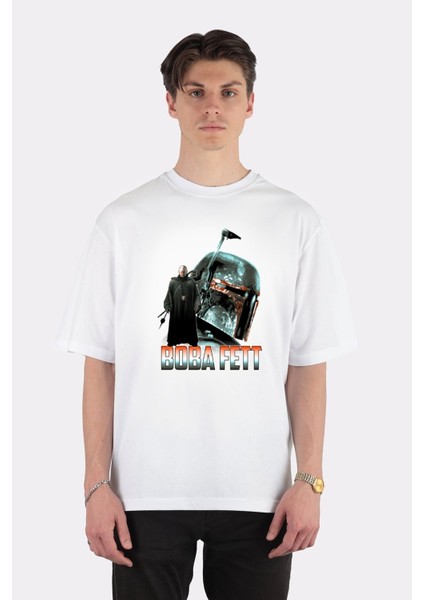 Beyaz Oversize T-Shirt Star Wars Mandalorian Boba Fett Portrait