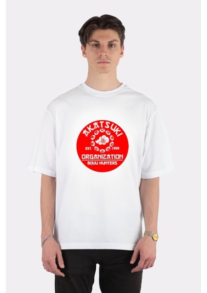 Beyaz Oversize T-Shirt Akatsuki Organisation Biju Hunters