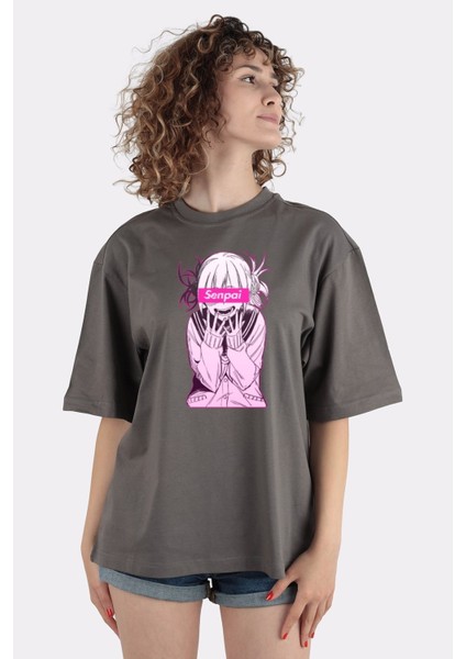 Füme Pamuk Bisiklet Yaka Oversize T-Shirt Anime Senpai