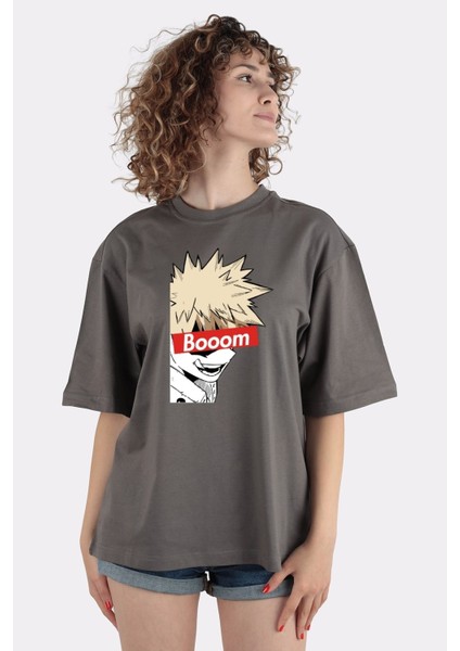 Füme Pamuk Bisiklet Yaka Oversize T-Shirt Ba-Ku-Gou