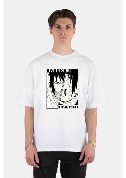 Beyaz Oversize T-Shirt Itachi And Sasuke Minimalist V2