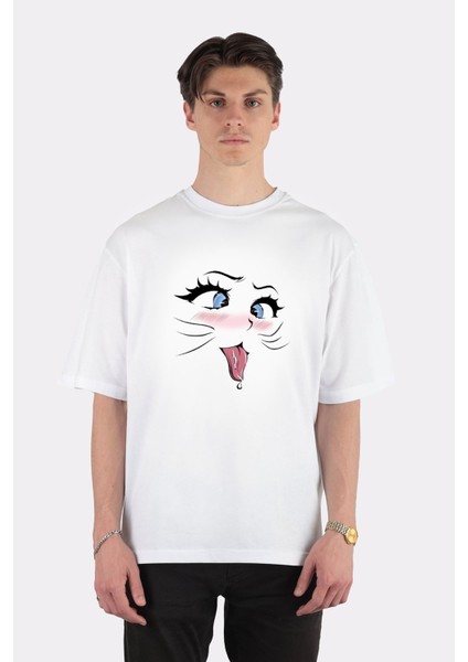 Beyaz Oversize T-Shirt Ahegao Cat