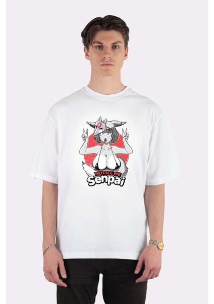 Beyaz Oversize T-Shirt Ahegao Face Anime Girl Kitsune Japanese Notice Me Senpai Otaku