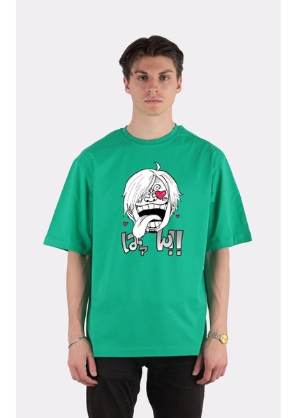 Yeşil Pamuk Bisiklet Yaka Oversize T-Shirt Zoro Samurai Wano Kuni Arc