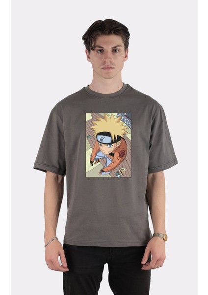 Füme Pamuk Bisiklet Yaka Oversize T-Shirt Da-Tte-Ba-Yo!