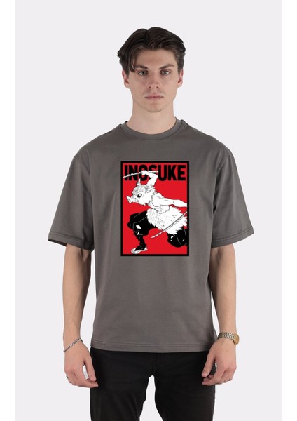 Füme Pamuk Bisiklet Yaka Oversize T-Shirt Inosuke