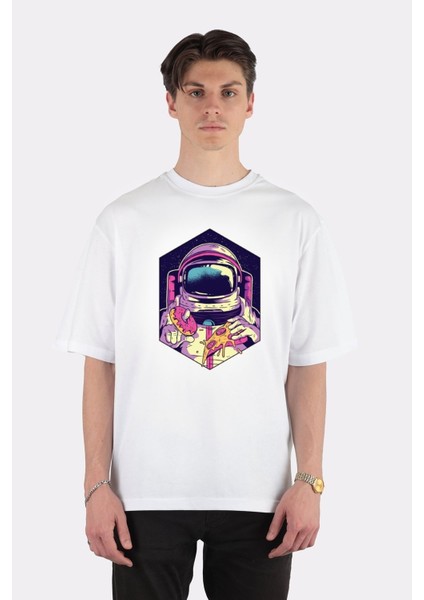 Beyaz Oversize T-Shirt Astronaut Eating Donut And Pizza