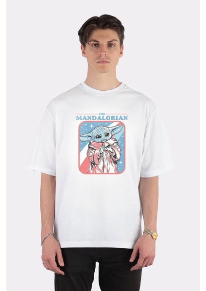Beyaz Oversize T-Shirt The Mandalorian Stars And Stripes Grogu