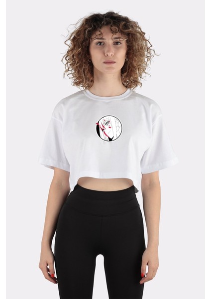 Beyaz Pamuk Bisiklet Yaka Crop T-Shirt Zero Two