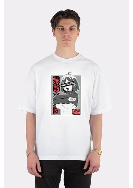 Beyaz Oversize T-Shirt Ahegao Anime Girl Ecchi Waifu Material, Gift For Lewd Otaku