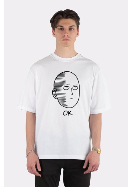 Beyaz Oversize T-Shirt One Punch Man Ok Face
