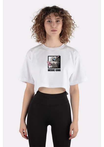 Beyaz Pamuk Bisiklet Yaka Crop T-Shirt Inosuke Sama
