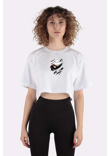 Beyaz Pamuk Bisiklet Yaka Crop T-Shirt Goblin Slayer