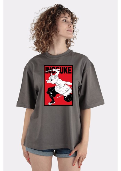 Füme Pamuk Bisiklet Yaka Oversize T-Shirt Inosuke