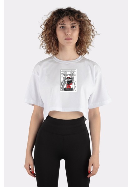 Beyaz Pamuk Bisiklet Yaka Crop T-Shirt Himiko Toga - My Hero Academia