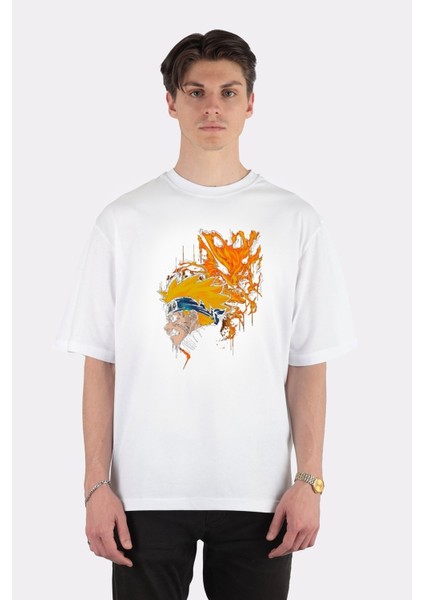 Beyaz Oversize T-Shirt Naruto Kurama