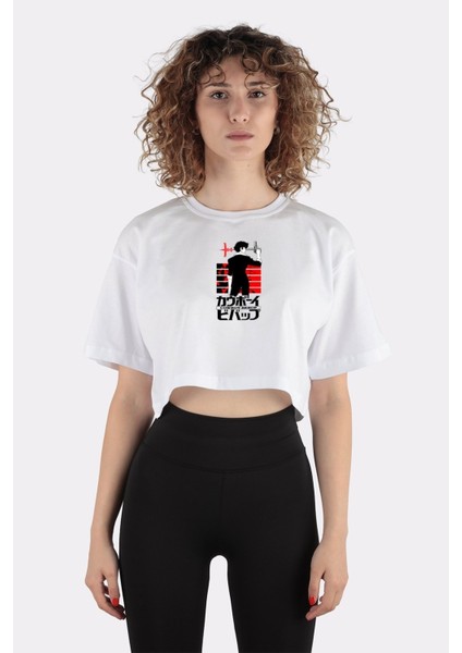 Beyaz Pamuk Bisiklet Yaka Crop T-Shirt Cowboy Bebop Spike