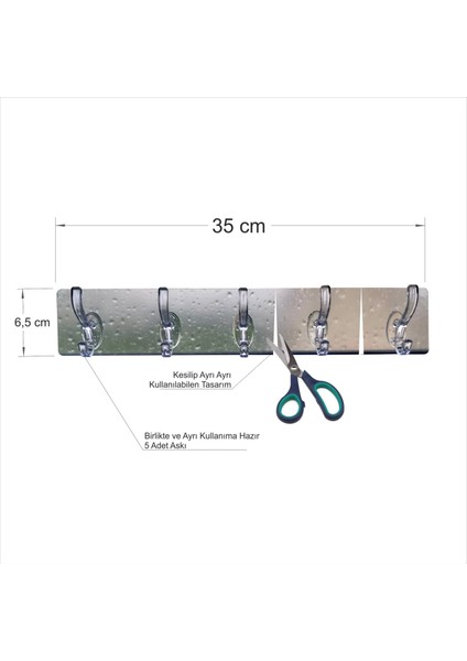 Büyük 35 cm 5 Li Yapıştırmalı Ev Ofis Islak Kuru Banyo Wc Tuvalet Fayans Cam Duvar Kapı Askısı Askı