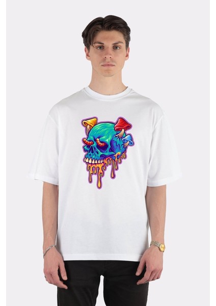 Beyaz Oversize T-Shirt Psychedelic Mushrooms Skull Dripping