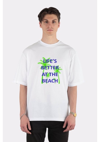 Beyaz Oversize T-Shirt Vintage Life Is Better At The Beach