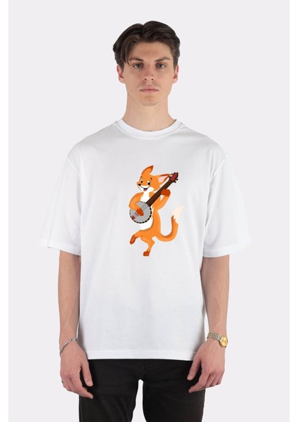 Beyaz Oversize T-Shirt Fox Playing Banjo - Funny Fox