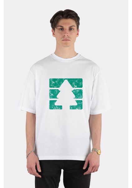 Beyaz Oversize T-Shirt Retro Pine Tree