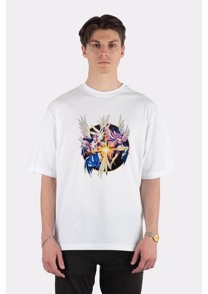 Beyaz Oversize T-Shirt Angemon And Angewomon