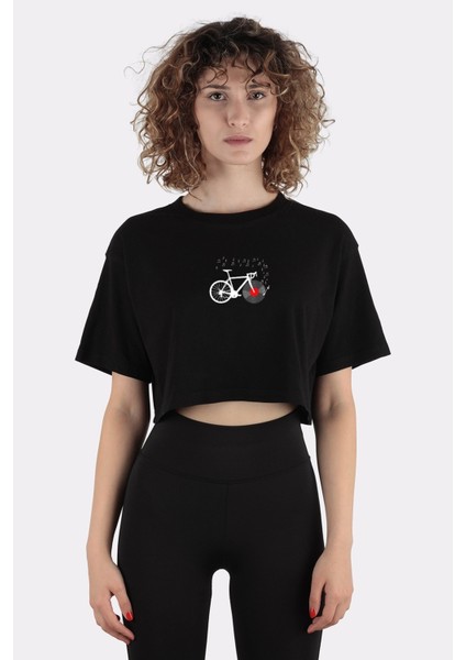 Siyah Pamuk Bisiklet Yaka Crop T-Shirt Bicycle Vinyl Record MUSIC_EM1141