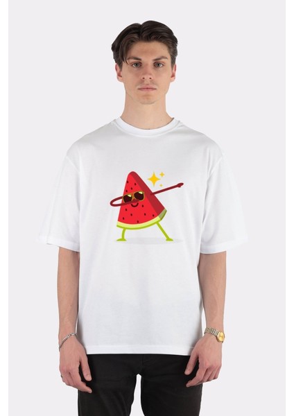 Beyaz Oversize T-Shirt Cool Cute Watermelon Dabbing Funny Summer Vibes