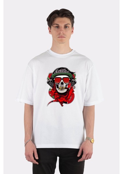 Beyaz Oversize T-Shirt Lesotho Skull