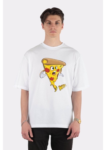 Beyaz Oversize T-Shirt Wtf Pizza